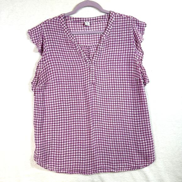 Old Navy XL Gingham Top Linen Purple Flutter Sleeve Coquette Cottage Summer Soft - Picture 1 of 7